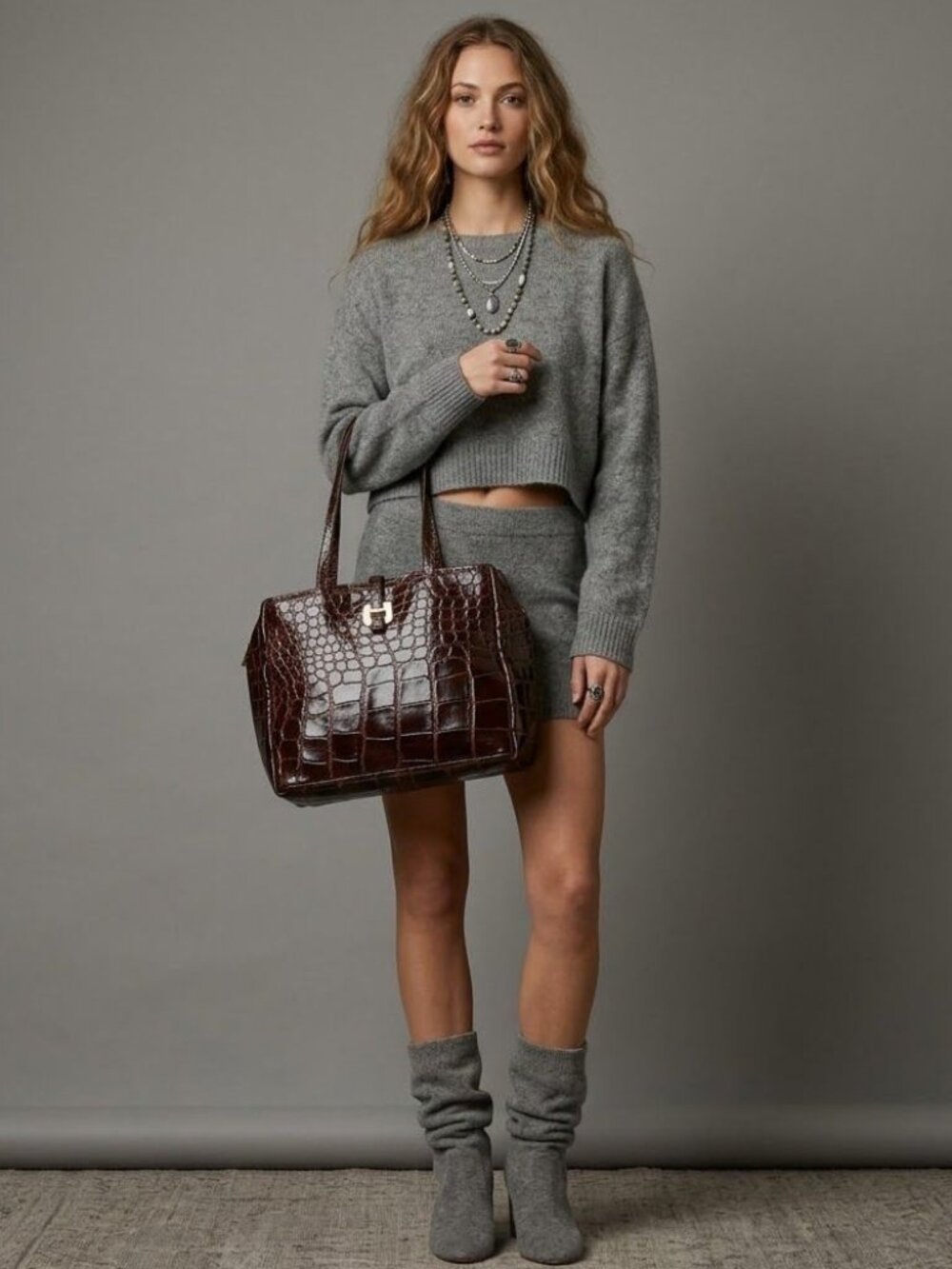 Mauro Governa Croc-Embossed Brown Leather Bag Top Handles & Gold Hardware